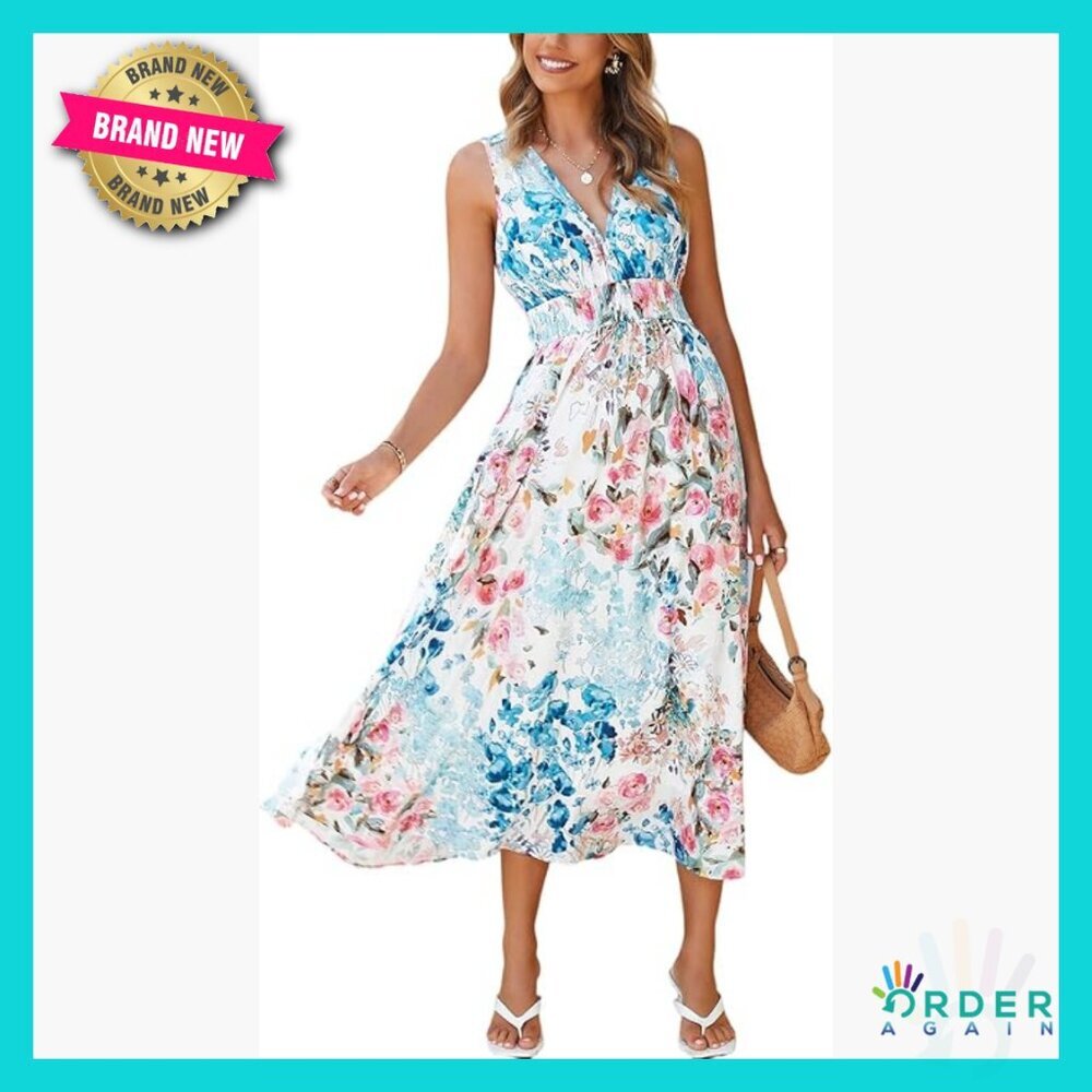 Sleeveless Floral Maxi Dress V-Neck Boho Elegant Wedding Guest Summer